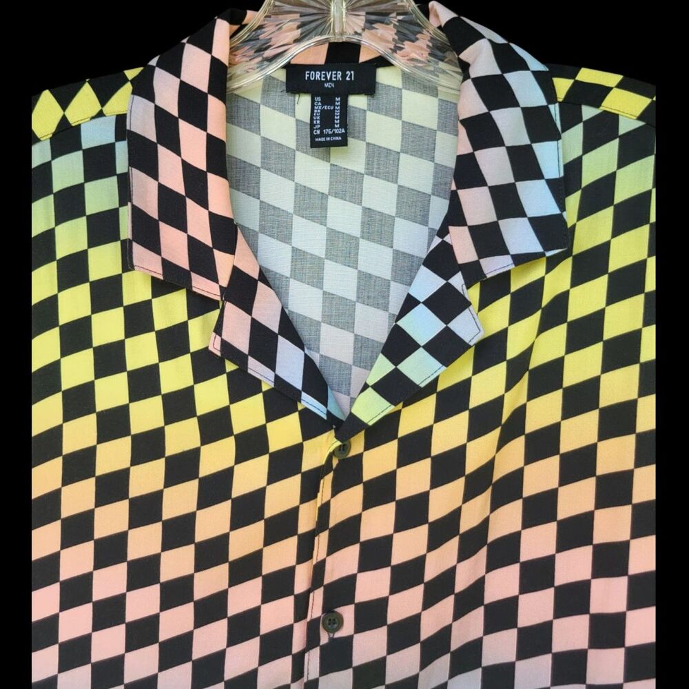 Forever 21 Pastel Neon Checkered Rainbow Shirt Mens Medium Button Front